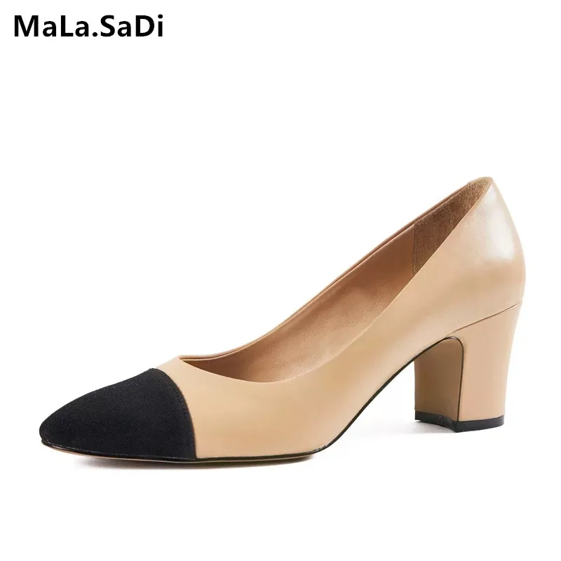 2019 New Women Pumps Black High heels 6.5cm Lady Genuine leather Thick with Autumn Pointed Single Shoes Female Sandals Big 35-40