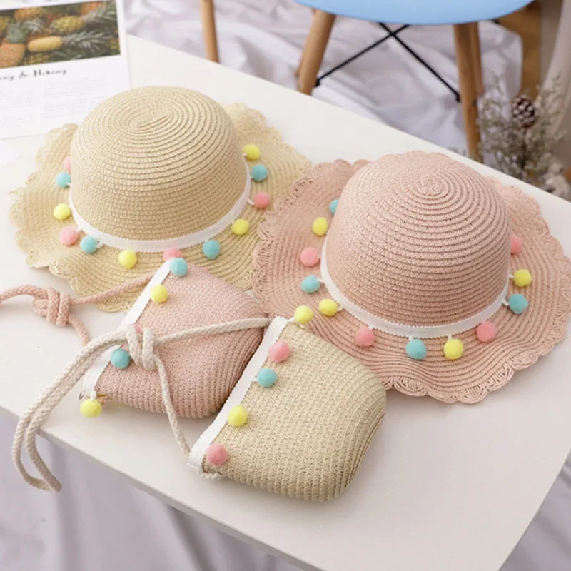 Lovely Hat Bag Set Wavy Straw Hats Colored Balls Cap Single Shoulder Bag for 2-8 years old girls Spring Summer Beach ZJ55