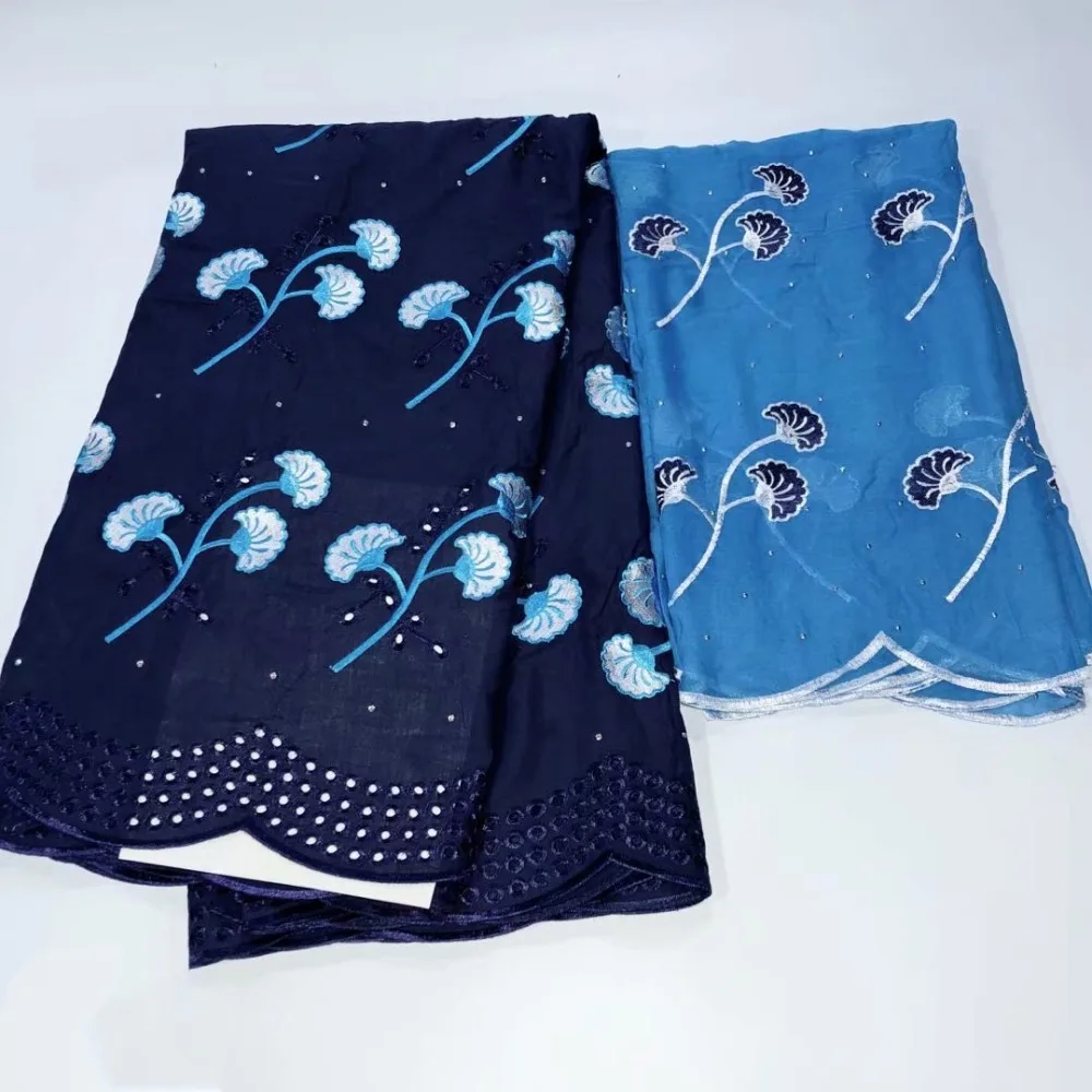 

beautiful flowers & holes embroidery cotton fabric with rhinestones 5 yards +2 meters voile lace scarf,tissu africain for party