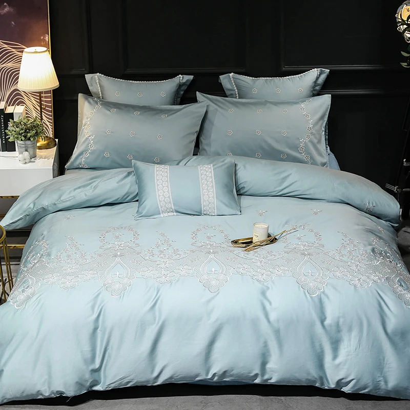 

Wathet 60S Egyptian Cotton Luxury exquisite Embroidery Bedding Set Queen King Size Duvet Cover Bed Linen Bed sheet Pillowcases