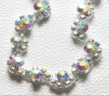 

1 yard/lot rainbow gorgeous shiny AB crystal rhinestone strass chain applique trimmings for dress hat garment sewing accessory