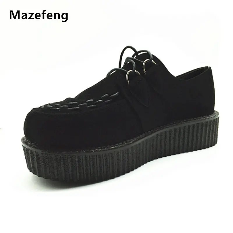 

2018 Spring Female Thick soled Platforms shoes Round Toe Single shoes Women Casual Shoes black Student Women Flat Shoes Lace up
