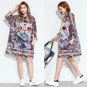 

Summer clothes Large yard Cartoon Cat Applique Loose Leisure Wild Mock-ups Blouses Women Transparent dress