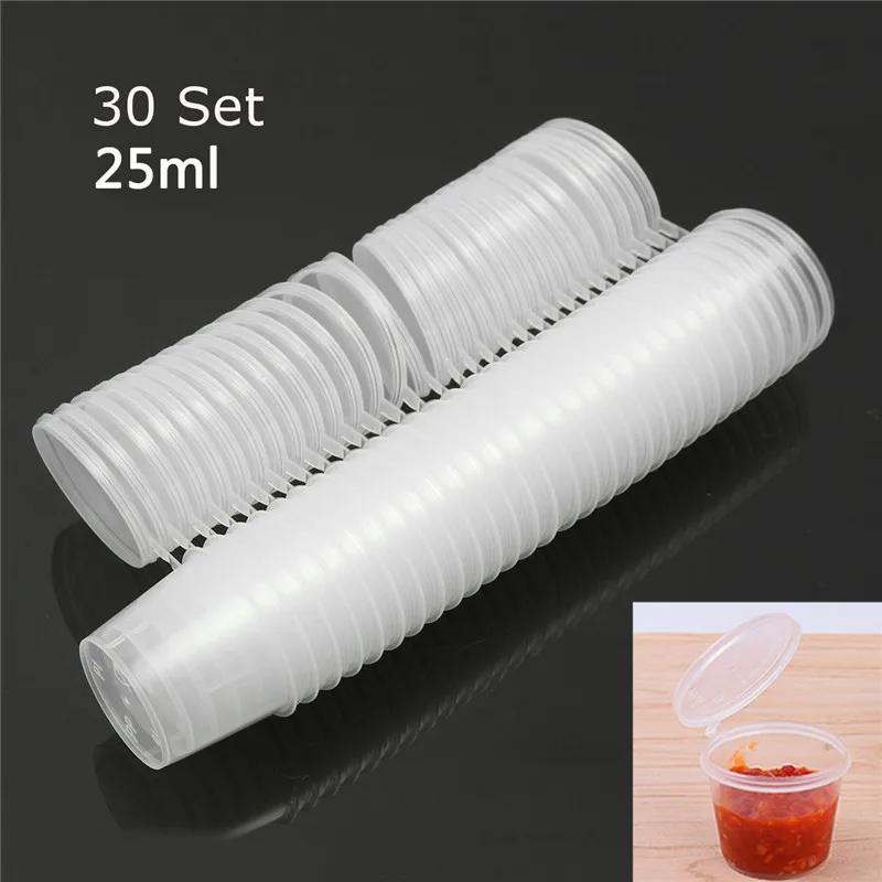 

30Pcs 25ml Disposable Plastic Takeaway Sauce Cup Containers Food Box with Hinged Lids Small Pigment Paint Box Palette Reusable