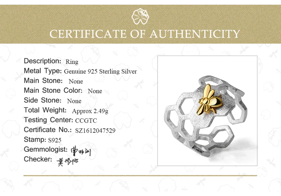 Lotus Fun, настоящее 925 пробы, серебро, 18 К, золото, пчела, кольца, натуральный дизайн, хорошее ювелирное изделие, домашняя защита, соты, Открытое кольцо для женщин