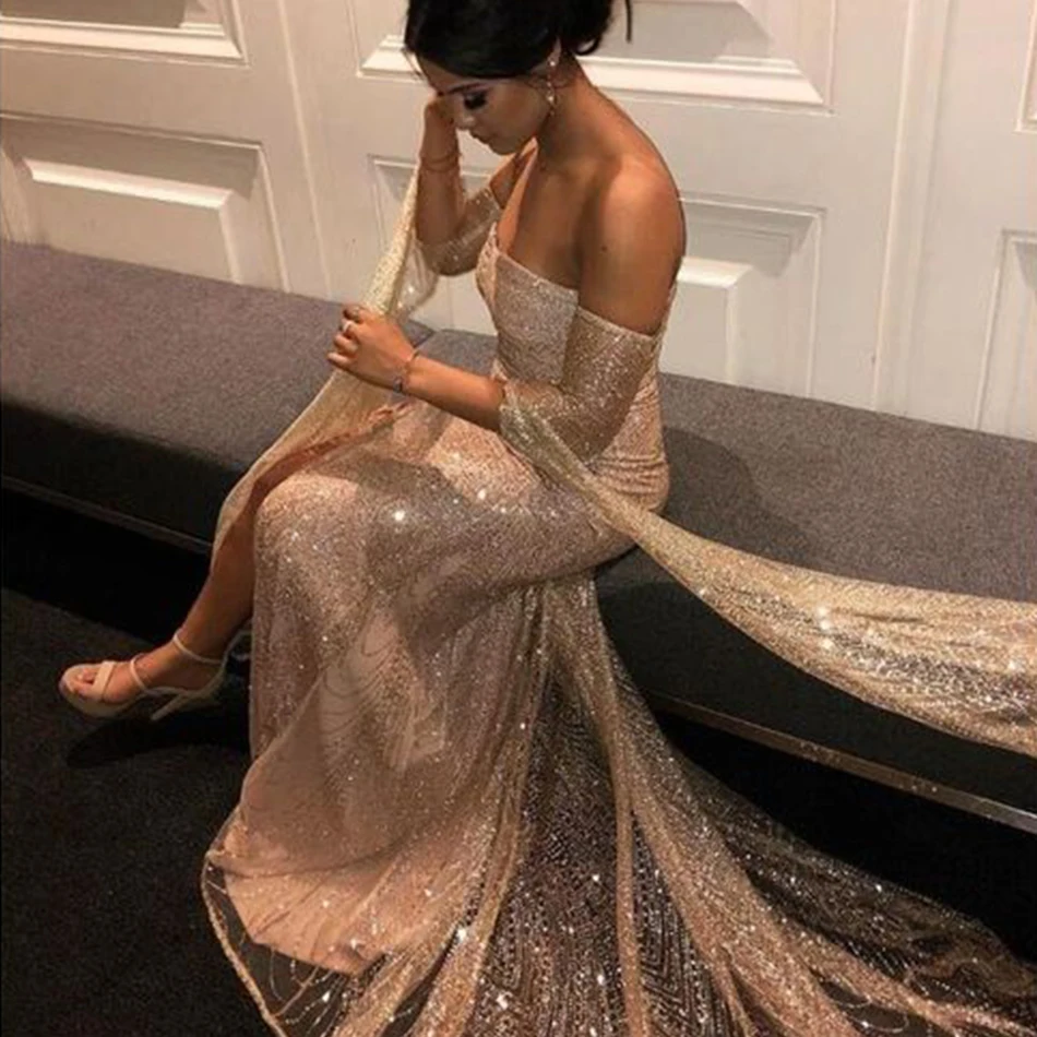 

Seamyla New Elegant Women Maxi Dress Cloak Sleeves Sexy Celebrity Evening Party Dresses Sequins Vestidos Strapless Long Dress