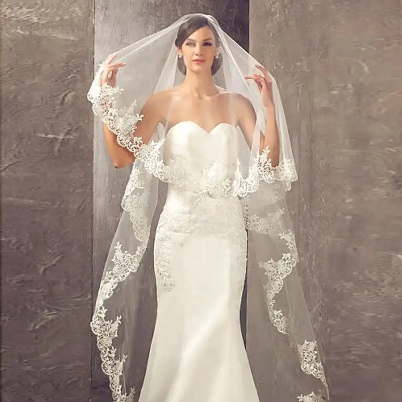 

2019 Women White/Ivory Lace Wedding Veil Long 3M Cathedral Lace Edge Bridal Veil 1 Layer Church Bridal Veil