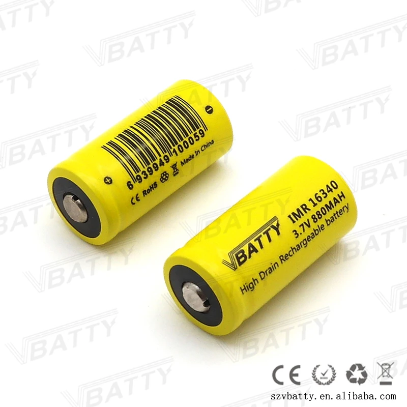 Vbatty IMR 16340 880mah 12A 3,7 V перезаряжаемая литий-ионная батарея высокого стока с верхней кнопкой(1 шт