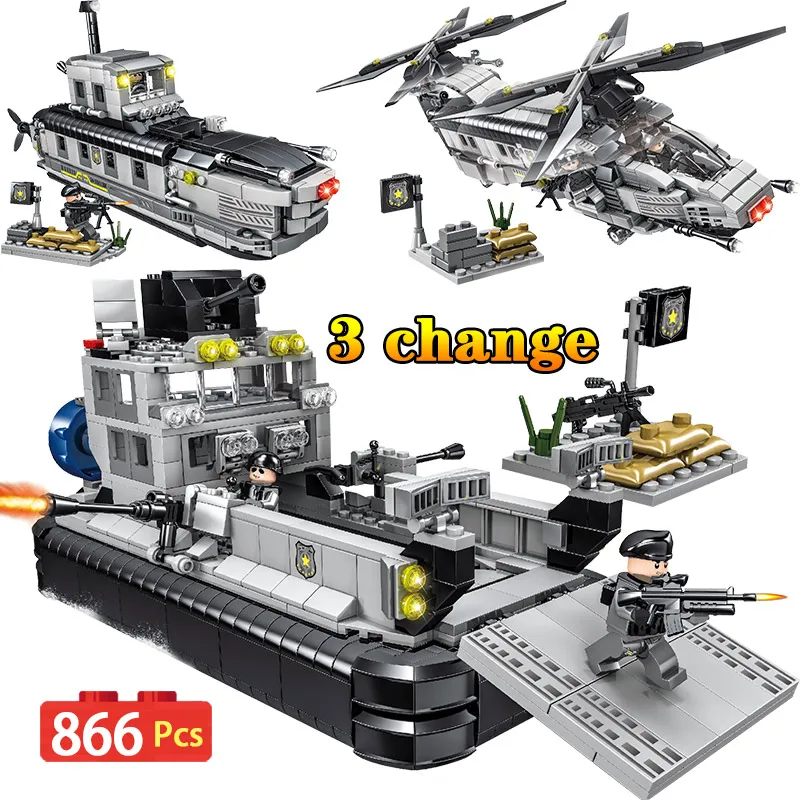 

866PCS 3 IN 1 Technic City Swat Police Commandos DIY Assemble Military Submarine Aircraft Blocks Bricks Toys For Boys