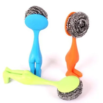 

1 pc Hot Selling Stainless Steel Scourer with Plastic Handle Durable Pot Scrubber Kitchen Accessory Tools