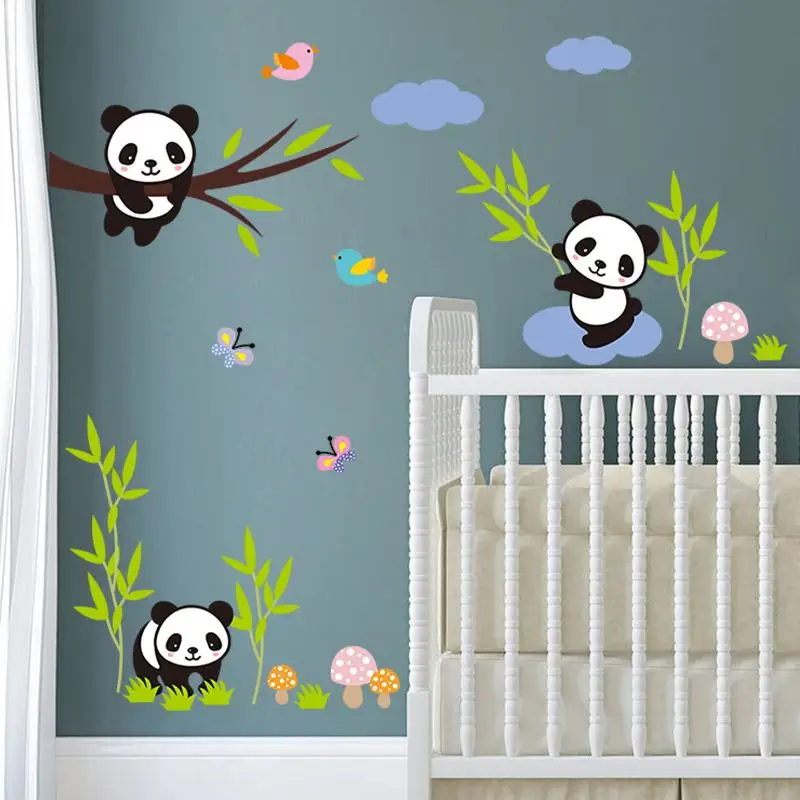Cartoon Forest Pandas Bamboo Wall Stickers Birds Tree Kids Room Baby Nursery Room Decor Bedroom Mural Art Pvc Decal 30*90cm*2
