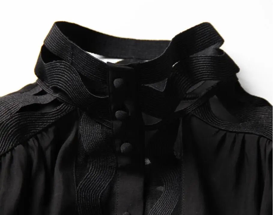 Женская ажурная блуза, белая рубашка с фигурными вырезами, с воротником-стойкой и длинными рукавами, черная однобортная блуза на пуговицах