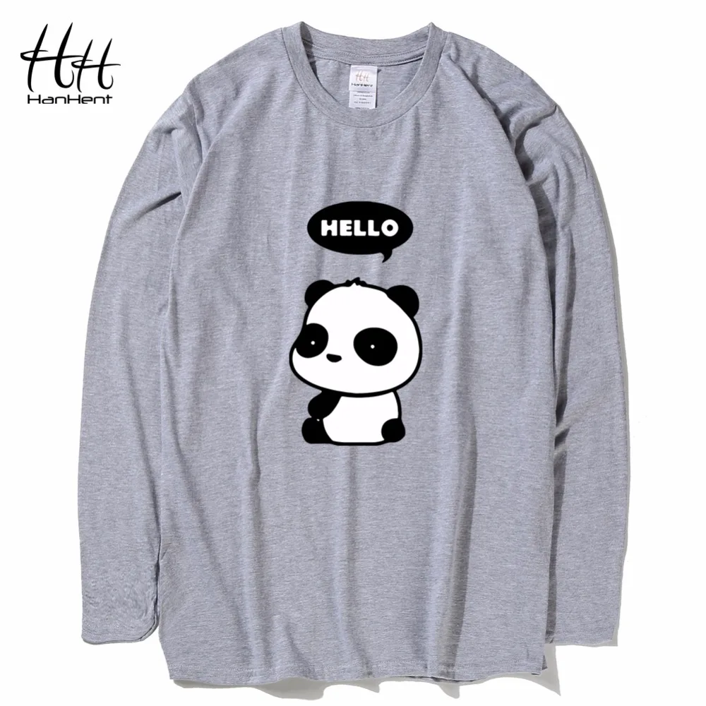 

HanHent 2018 new cotton long sleeve t-shirt men funny style hello panda creative design o-neck slim fashion full t shirt male