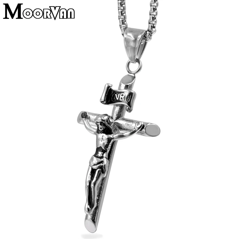 

Moorvan men christian church jesus cross pendant necklace 55cm stainless steel silver color for male jewelry vintage style VP256
