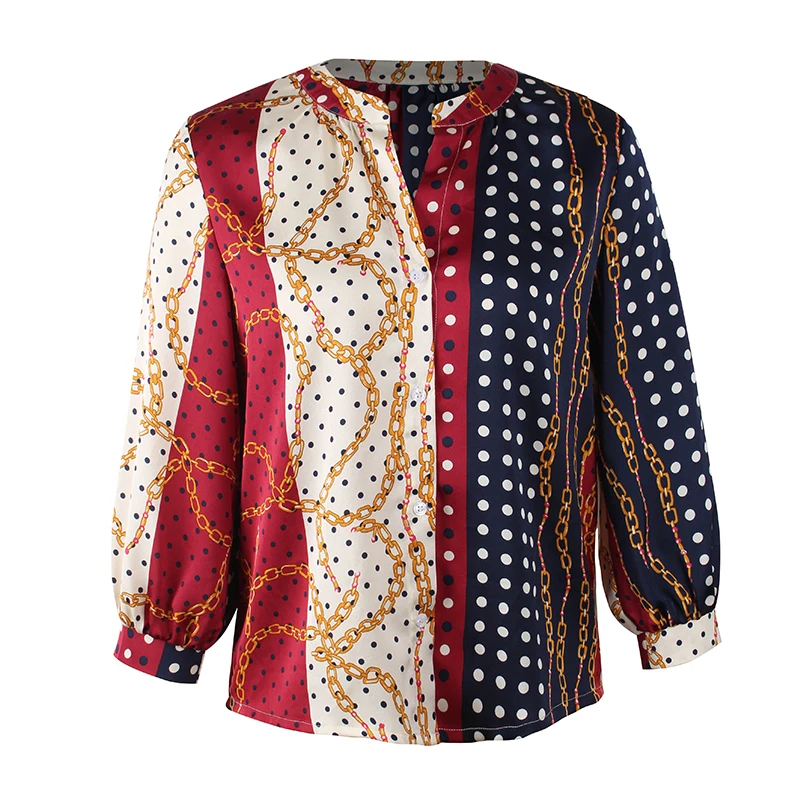 Новинка Boho шифоновая блузка женская с длинным рукавом цепочкой в горошек принтом