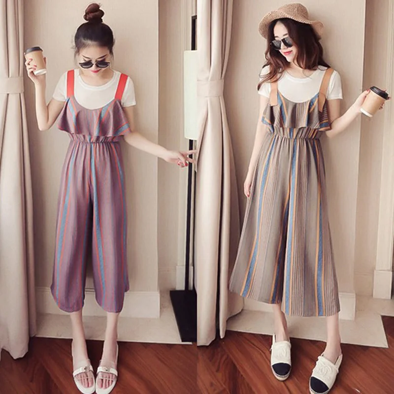 

Wide Leg Pants Sets Womens Set Two Piece Women White Top+Ruffles Jumpsuit Casual Sweet Short Sleeves O-neck tees Korean Trendy