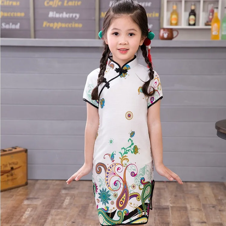 

2019 Summer Baby Girls Yellow Qipao Dress Chinese Traditional Fashion New Year Children Dresses Kids Cheongsam Linen Clothes