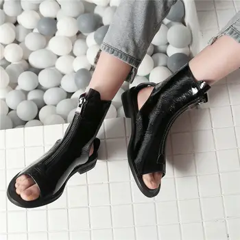 

Women Patent Leather Roman Sandals Low Heels Platform Oxfords Open Toe Summer Ankle Boots High Top Gladiator Lady Casual Shoes