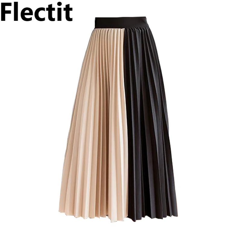 

Flectit Color Block Pleated Skirt Women Cotton Elastic Waist Midi Length Accordion Pleat Skirt 2019 Fall Winter Female saia