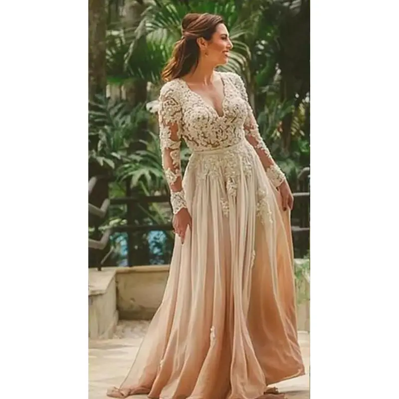 Champagne Moeder Van De Bruid Jurken Plus Size Elegante EEN Lijn V-hals Lange Mouwen Chiffon Wedding Partij Jassen Robe de Soiree Champagne Moeder Van De Bruid Jurken Plus Size Elegante EEN Lijn V-hals Lange Mouwen Chiffon Wedding Partij Jassen Robe de Soiree