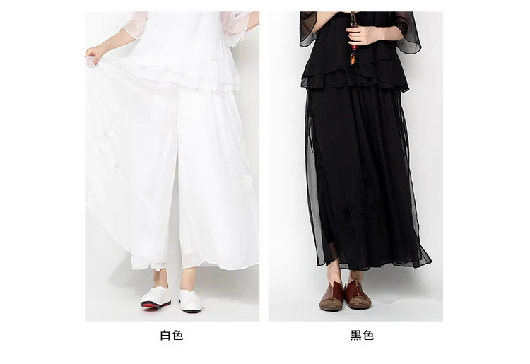 Vintage Floral Embroidery Multi-layer Wide Leg Pants Women Loose Chiffon Skirt Trousers 4 Color plus size Slacks pantalones