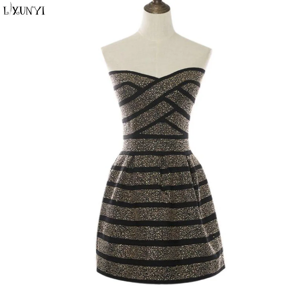 Mode Qualité Golden Élastique Femmes Robe Pour Robes Bretelles Sexy Bandage Boule Rayonne Strass Partie Haute Filles 1xqTwr1C