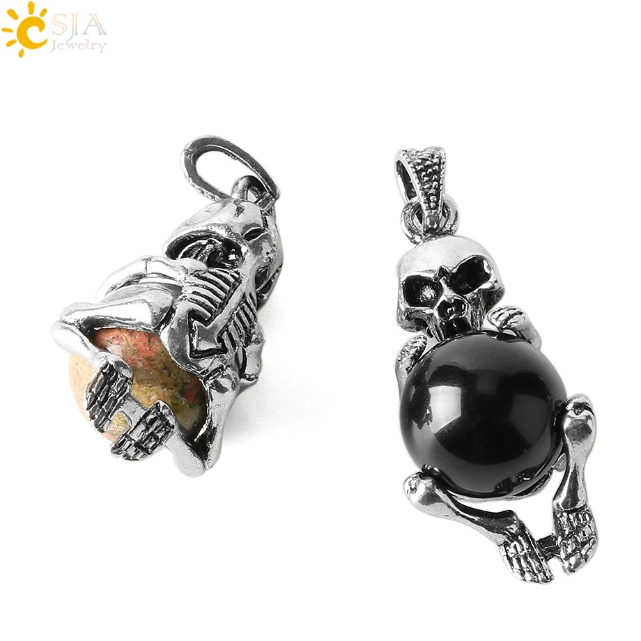 

CSJA Zinc Alloy Skeleton Pendant for Necklace Healing Natural Stone Pink Quartz Skull Women Men Charm Trendy Jewellery Gift E241