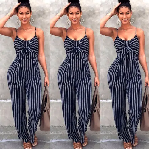 Fashion Women Striped Playsuits Sleeveless With Belt V-neck Jumpsuit Rompers Overalls Body Suit