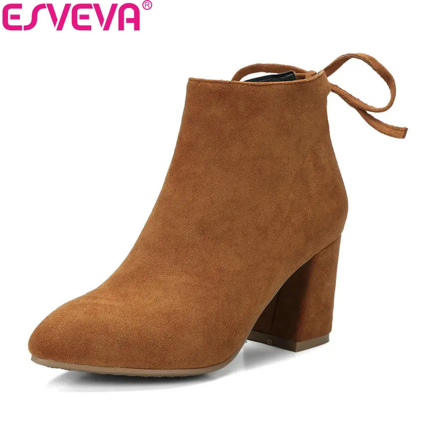 

ESVEVA 2018 Women Boots Concise Square High Heel Handmade Ankle Boots Slim Look Pointed Toe Warm Fur Boots for Women Size 34-42
