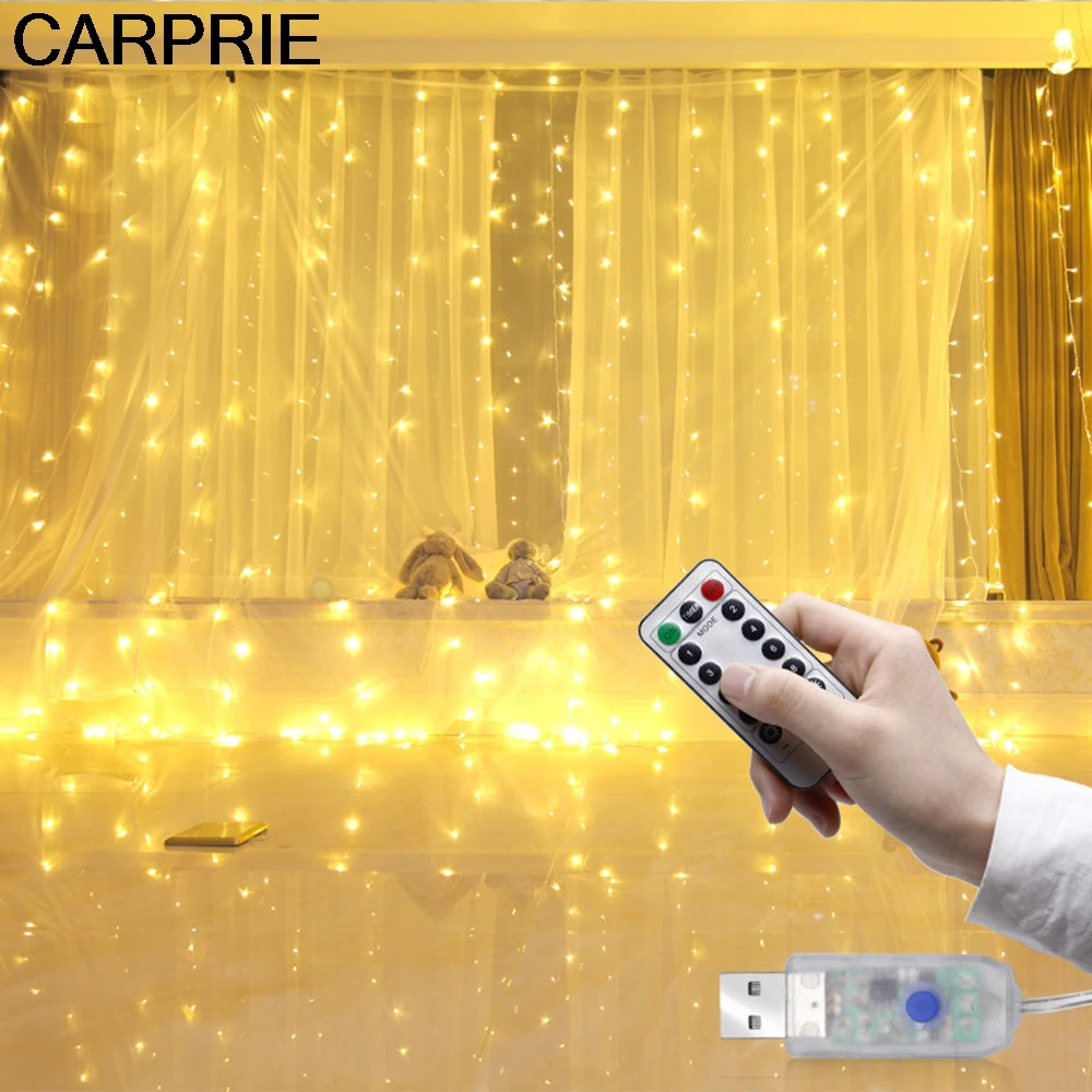 CARPRIE USB Curtain Lights 3m 300 LED 8 Modes with Control Christmas Parties Weddings Light Garlands Ball White Outdoor Wedding