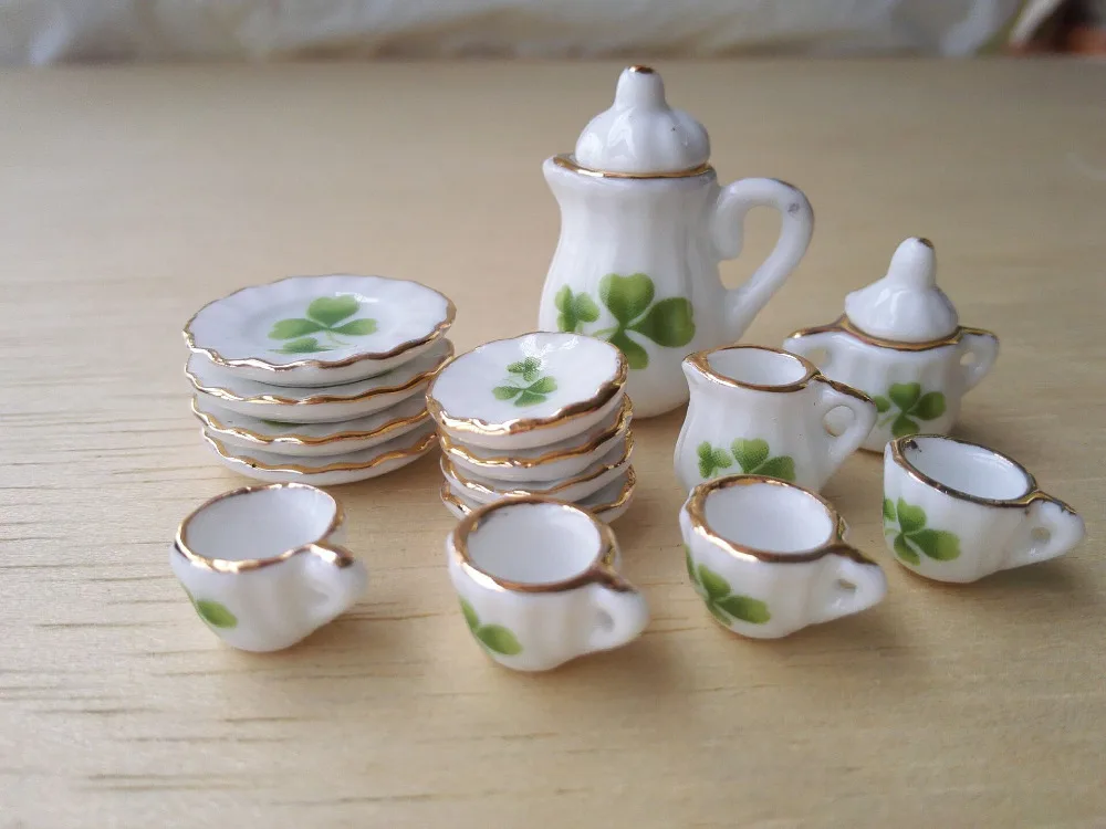 1:12 Ceramic 15 Piece White & Pink Floral Dolls House Miniature Tea Set 2106 
