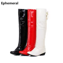 Женские Водонепроницаемые сапоги из лакированной кожи, высокие сапоги, сапоги выше колена с бантом сзади, на танкетке, женская обувь, черного и белого цвета, размера плюс 47-34