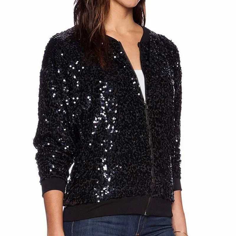 Women Black Sequin Jacket Aviator 