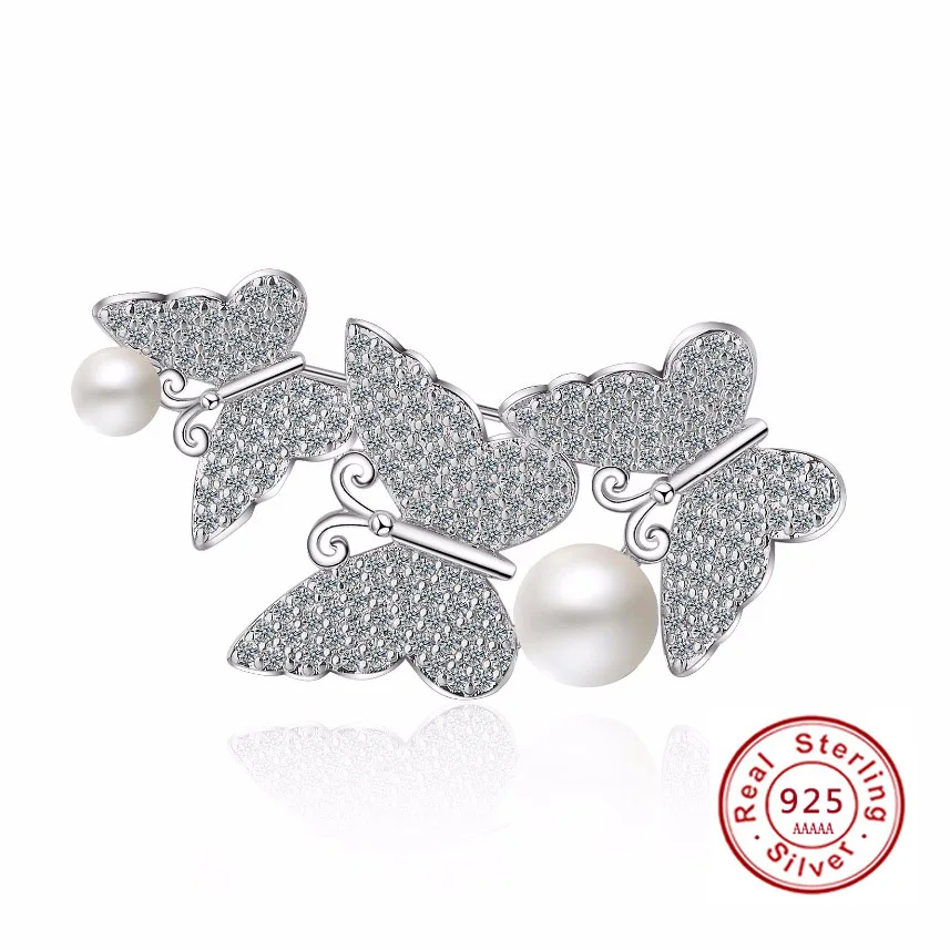 

Luxury Butterfly Pearl CZ Crystal 925 sterling silver Brooches for Women Wedding Suit-coat Insect Broches Pins Party Jewelry