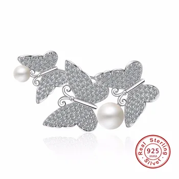 

Luxury Butterfly Pearl CZ Crystal 925 sterling silver Brooches for Women Wedding Suit-coat Insect Broches Pins Party Jewelry
