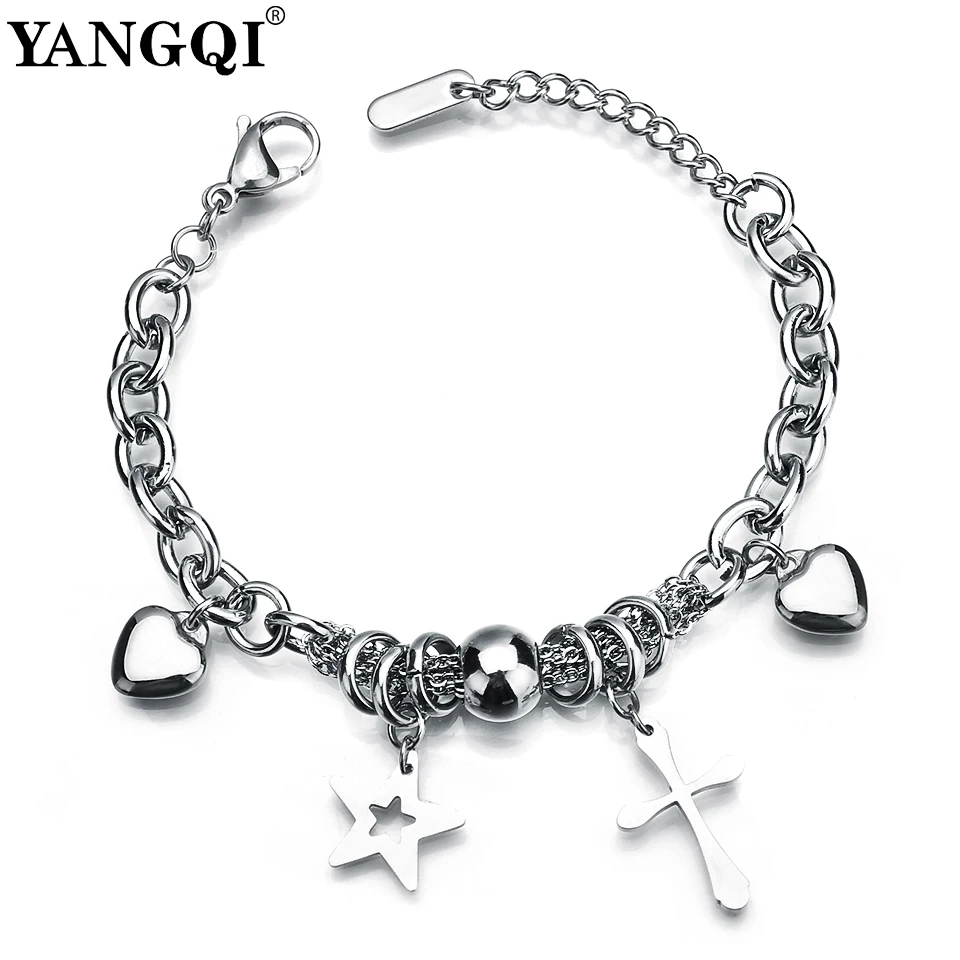 

YANGQI Stainless Steel Chain Lucky Charm Bracelet & Bangle Women Star Cross Charm Bracelets Girls Birthday Gifts Faith Jewelry