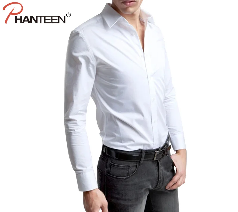 Phanteen высокое качество человек БЕЛЫЕ РУБАШКИ Slim Fit Бизнес Свадебная вечеринка Рубашки для мальчиков с длинным рукавом Осень