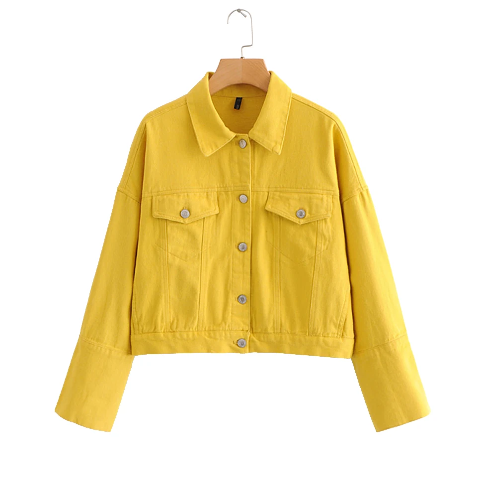 

Women Casual Loose Denim Jackets Coats 2019 Spring Long Sleeve Single Breasted Pockets Female Fashion Yellow Jacket Outerwear