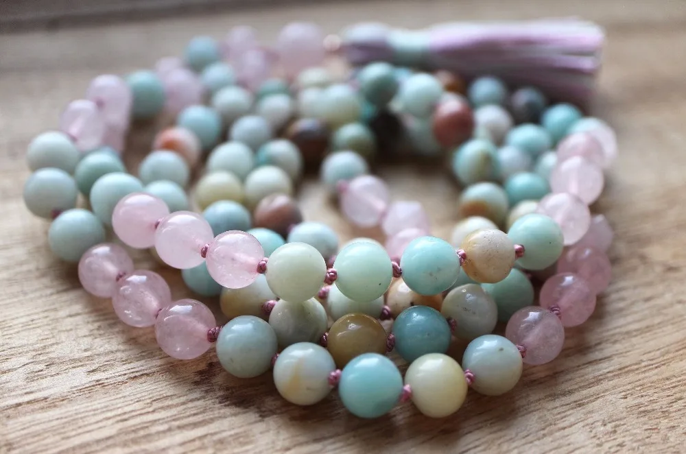 

Amazonite 108 Mala Bead Necklaces RoseQuartz Necklace Yoga Meditation Jewelry Tassel Necklace Hand Knotted Yoga Prayer Necklace