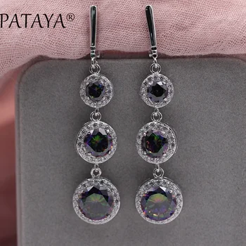 

PATAYA New Arrivals AB Multicolor Three Round Natural Zircon Long Earrings True White Gold Drop Earrings Women Vintage Jewelry
