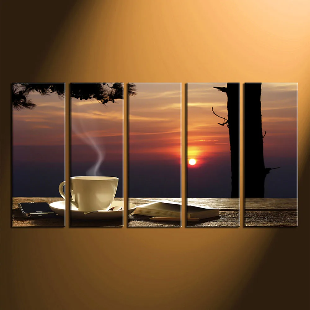 

5 Piece Multi Panel Art, Cup Plate Canvas Print, Coffee Cup Canvas Photography, Coffee Multi Panel Art, Sunset Artwor
