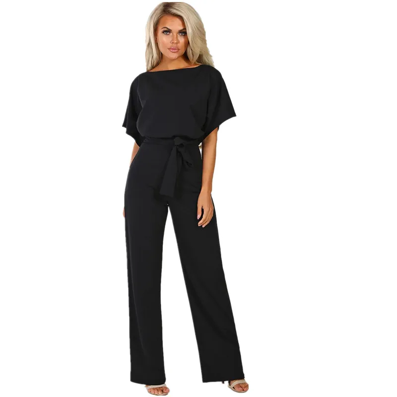 

Summer Women Work Jumpsuits Casual O-Neck Sashes Loose Rompers Black Long Pants Female Streetwear Short Sleeve Jumpsuits