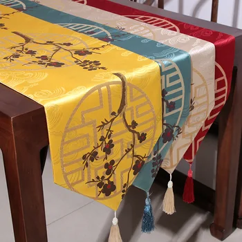 

33x210cm Classical Chinese retro plum flower jacquard table runner with tassel furniture table mat cover home decoration