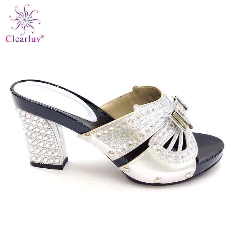 

Party and Wedding Shoes Without Bag To Match Italian shoes PU Leather Comfortable Heels Silver Color Crystal Shoes Women