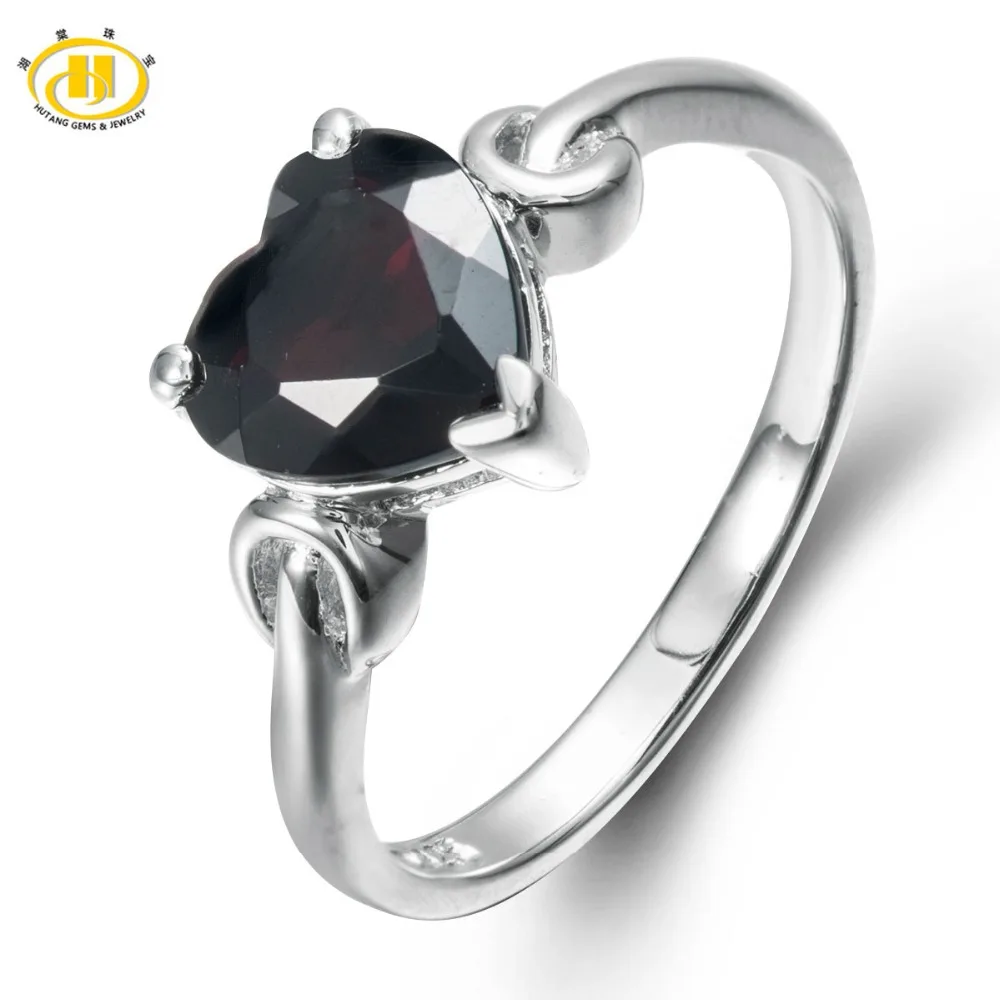 Hutang Mystery Natural Black Garnet Heart Rings Solid 925 Sterling Silver Ring Heart 8mm Gemstone Womens Fine Jewelry Women