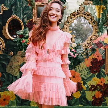 

2019 Fashion Spring Lace Women Mesh Flare Sleeve Fairy Dress Orange