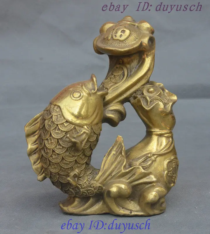 

China FengShui Brass Wealth Many Coin Moneybag JiXiang Ru Yi Fish Animal Statue