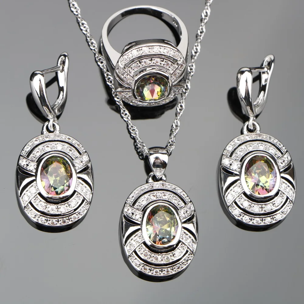 Волшебные радужные камни 925 Серебряные Ювелирные наборы для женщин Свадебные циркониевые серьги кольца подвески и ожерелья набор ювелирных изделий Подарочная коробка