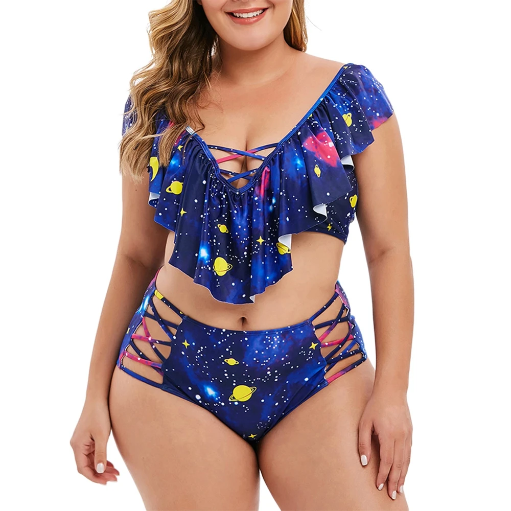 Сексуальный купальный костюм большого размера 5XL с перекрещивающимися оборками и принтом планеты, звезды, Луны размера плюс, танкини, набор