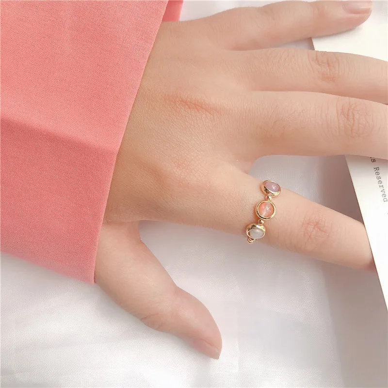 

New Arrival Cute Simple Style Three Color Stone Beads Elastic Ring For Women Girls Finger Jewelry Birthday Gifts